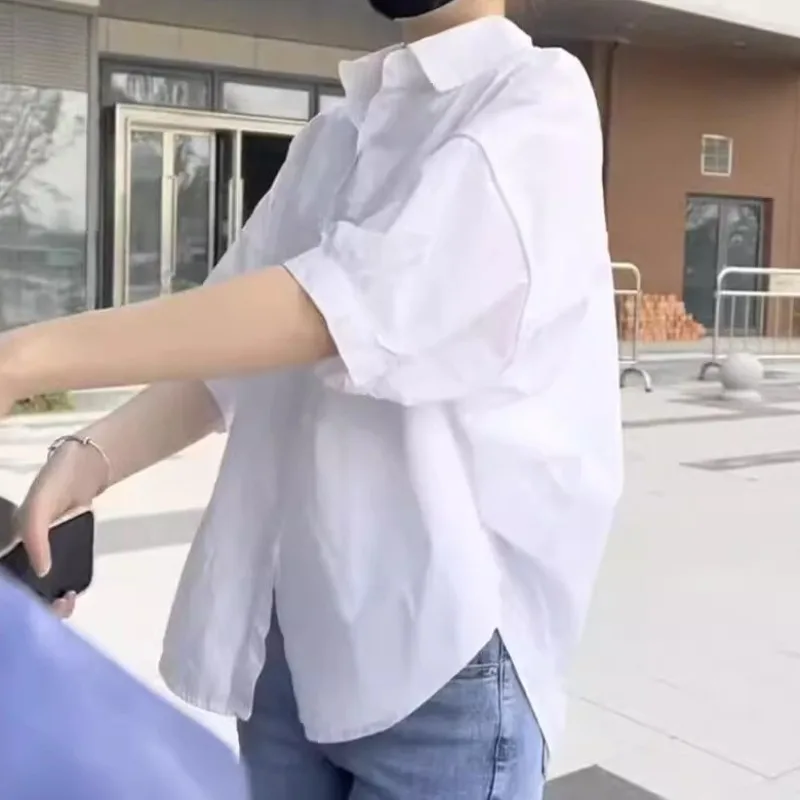 قمصان قصيرة الأكمام للنساء تصميم فضفاض متين للفتيات الجامعيات الصغيرات الصيف بدوره إلى أسفل طوق جديد عصري الكورية نمط صالح عادية #2