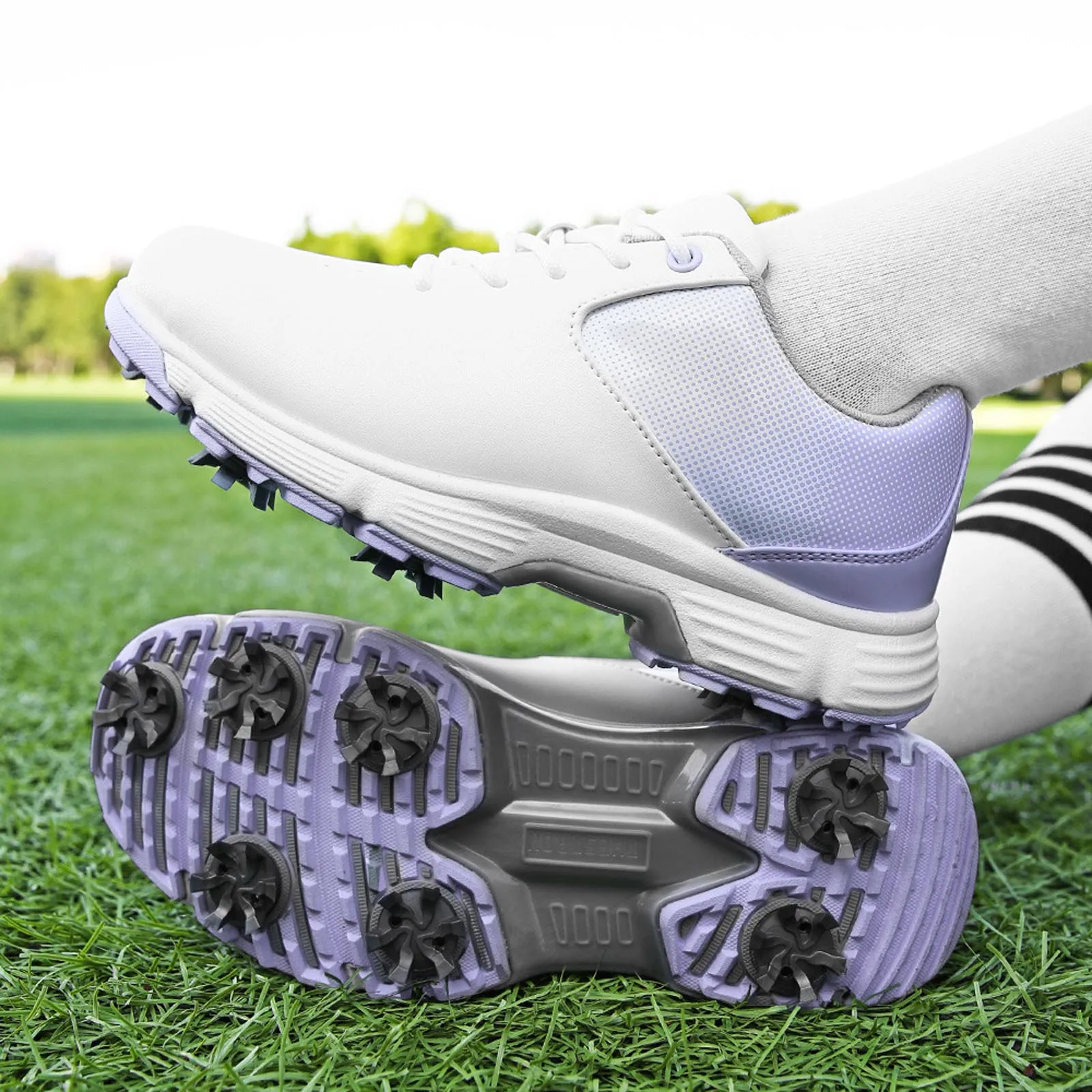 #36-43 Men Women Lace-up Contrast Color Golf Shoes Non-slip Breathable PU Leather Sneakers for Outdoor Golfing Course Driving