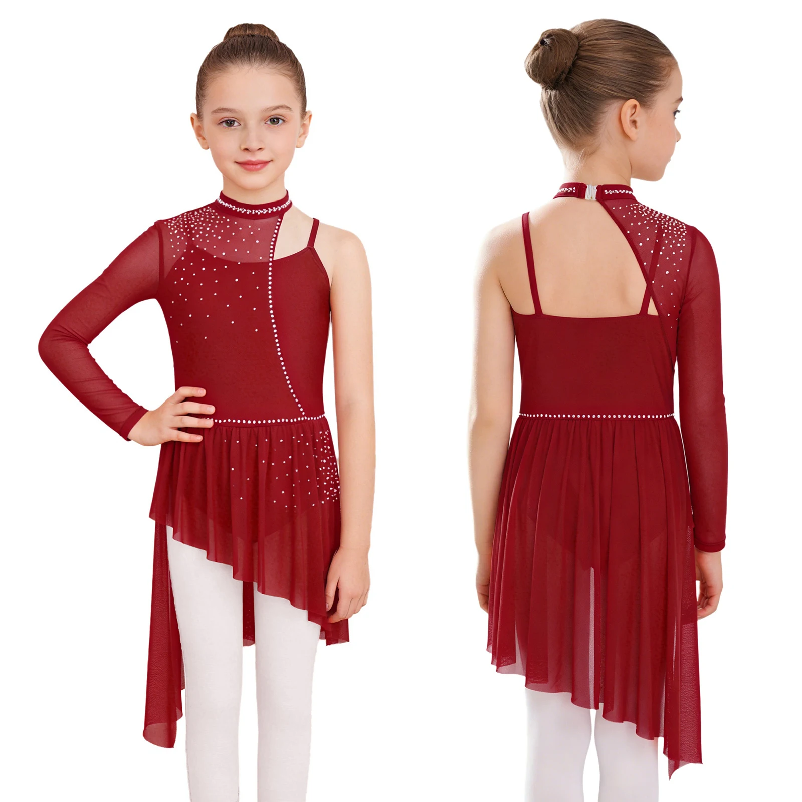 Girls Sheer Mesh Rhinestone Lyrical Dance Leotard Dress Figure Skating Gymnastic Acrobatics Ballet Modern Contemporary Dancewear