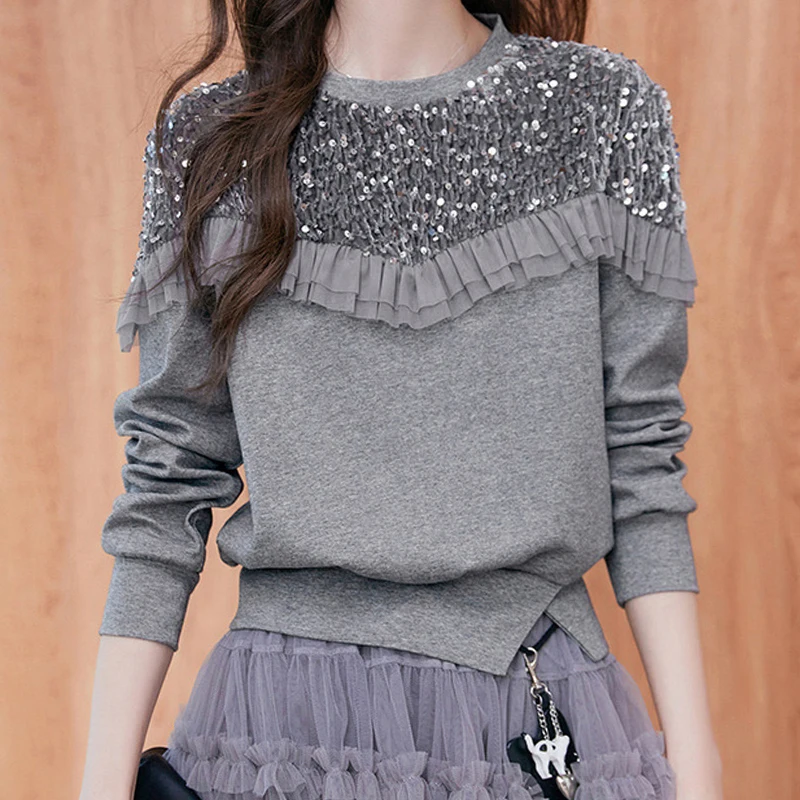 

Винтажная толстовка с блестками, осенне-зимняя модная повседневная толстовка с круглым вырезом и длинными рукавами, женские свободные шикарные пуловеры, джемперы, серые топы