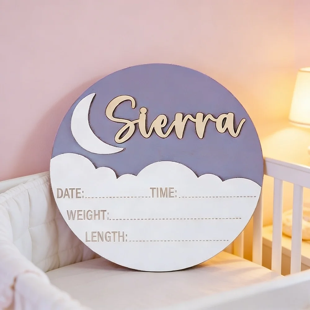 Custom Moon Cloud Round Baby Birth Announcement Wooden Name Plaque,Photo Prop, Nursery Wall Decor, Baby Shower Keepsake Gift
