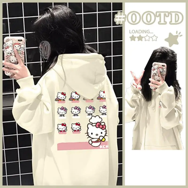 

Cute Y2K Hellokitty Sanrios Cartoon Sweater Kawaii Anime Couple Hooded Sweater Autumn Winter Korean Version Girl Sweet Pullover