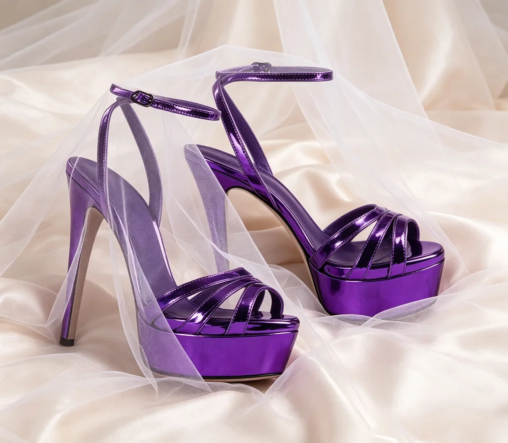 Purple Metallic Three Bands Stiletto Straps Platform Sandal Super Heeled Ladies Thin High Heel Sandals Women Summer Shoes