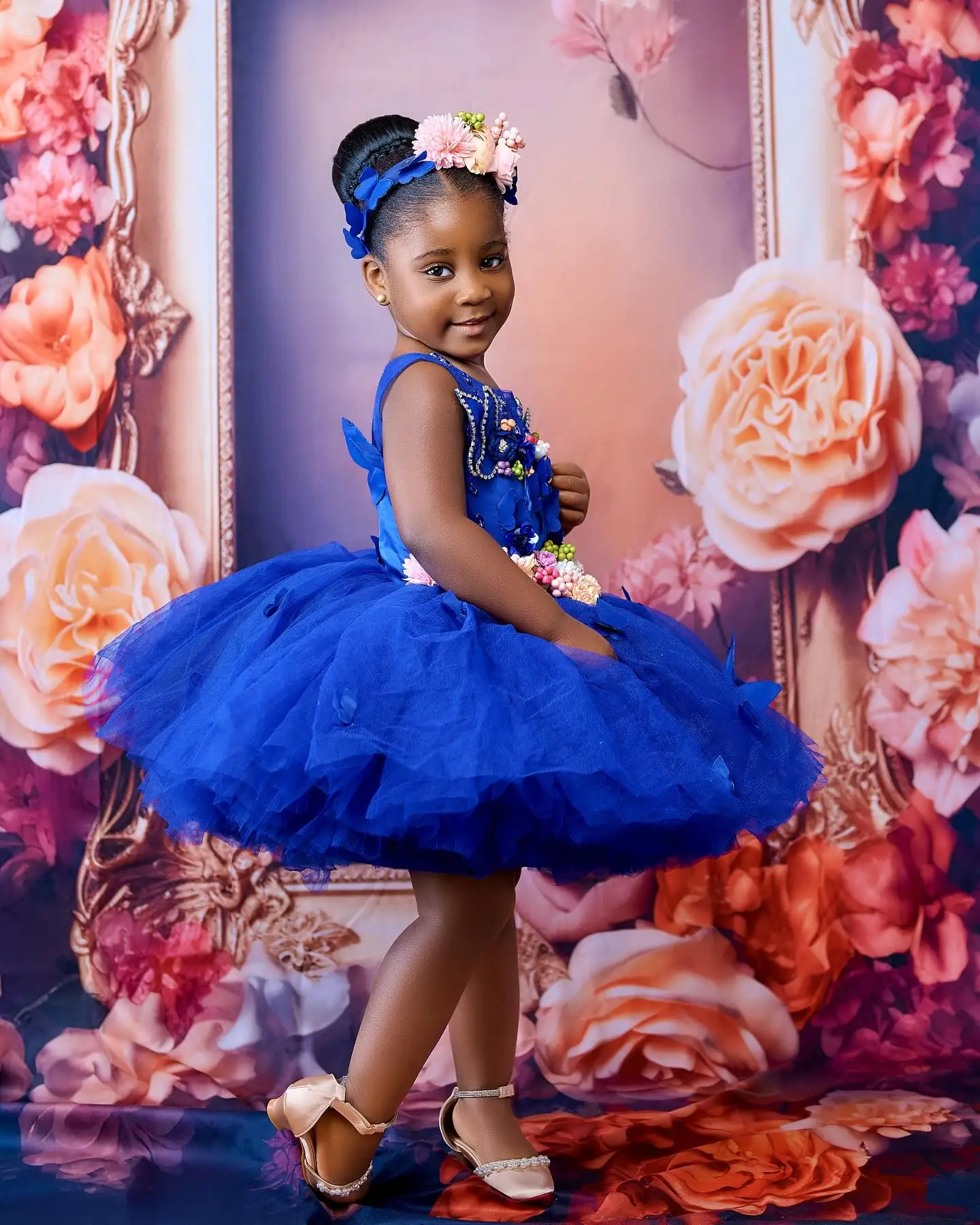 Robe de demoiselle d'honneur bleu royal pour mariage, robe de princesse florale 3D faite à la main, Saint Boho, robe de première communion d'anniversaire pour bébés filles