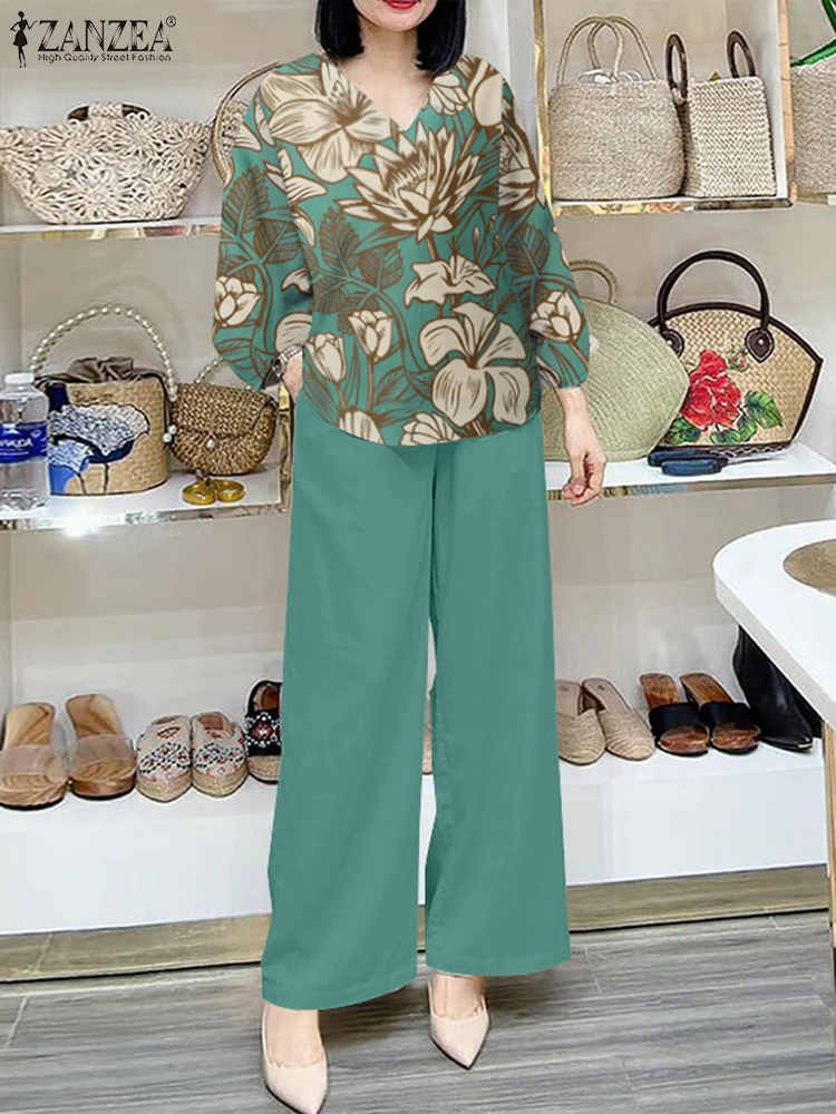 ZANZEA-chándal estampado para mujer, conjuntos de pantalones, 2 uds., blusa de manga larga a la moda, pantalones, traje, conjuntos elegantes a juego para trabajo, otoño 2024