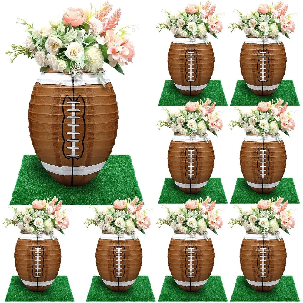 

Rossesay 8 Pcs 12 Inches ootball Table Centerpiece Paper Lantern with 8 Pcs ake Grass Squares Soccer Centerpiece Decoration Set