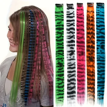 1PCS Y2K Bunte Haarverlängerungen Leopardenmuster lange gerade Perücke einteilige Clip-in synthetische Haarteile Cosplay Haar-Accessoire