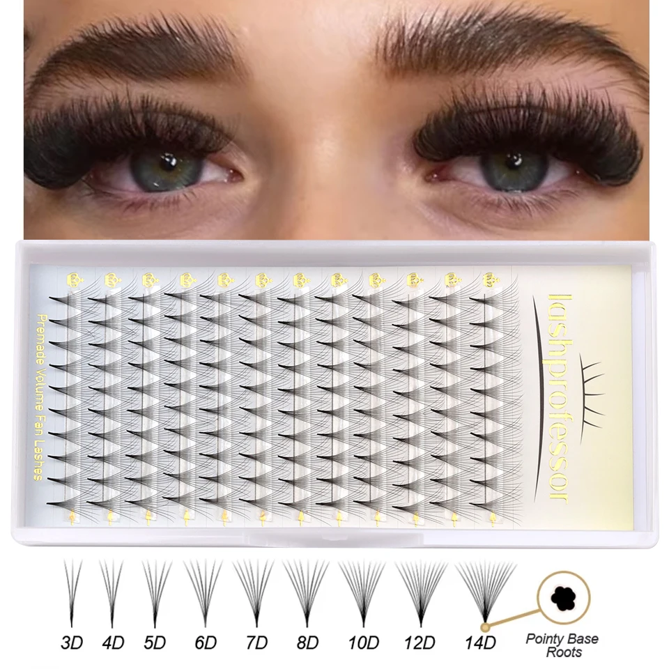Lashprofessor 8-15mm Premade Volume Fans 5D/6D/8D/10D/12D Sharp Narrow Base Lash Promade Russian Pointy Stem Eyelash Extension