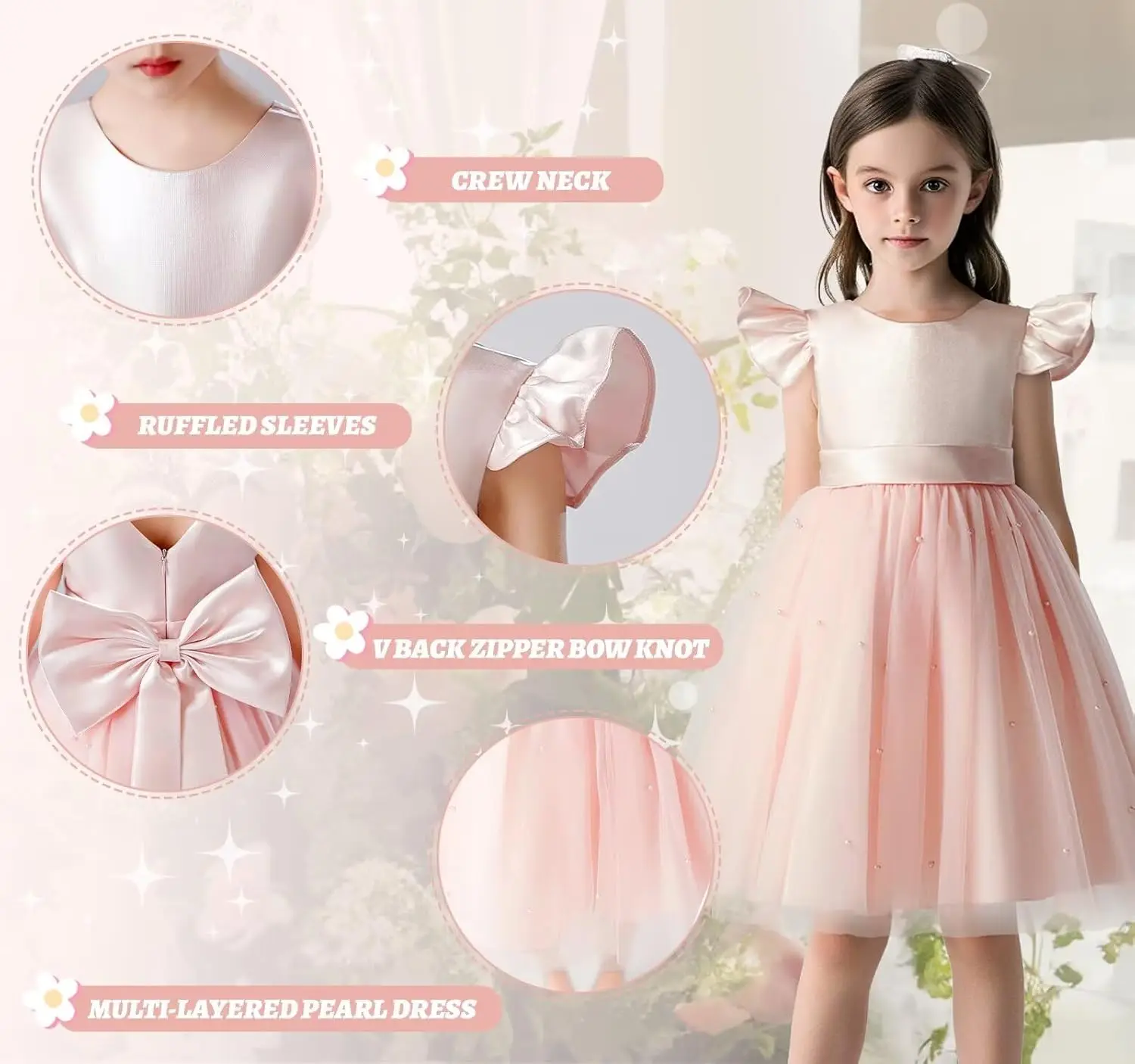 Satin Flower Girl Dress V-Back Ruffle Sleeve Dresses Girls Tulle Dress for Wedding First Communion with Bow-Knot