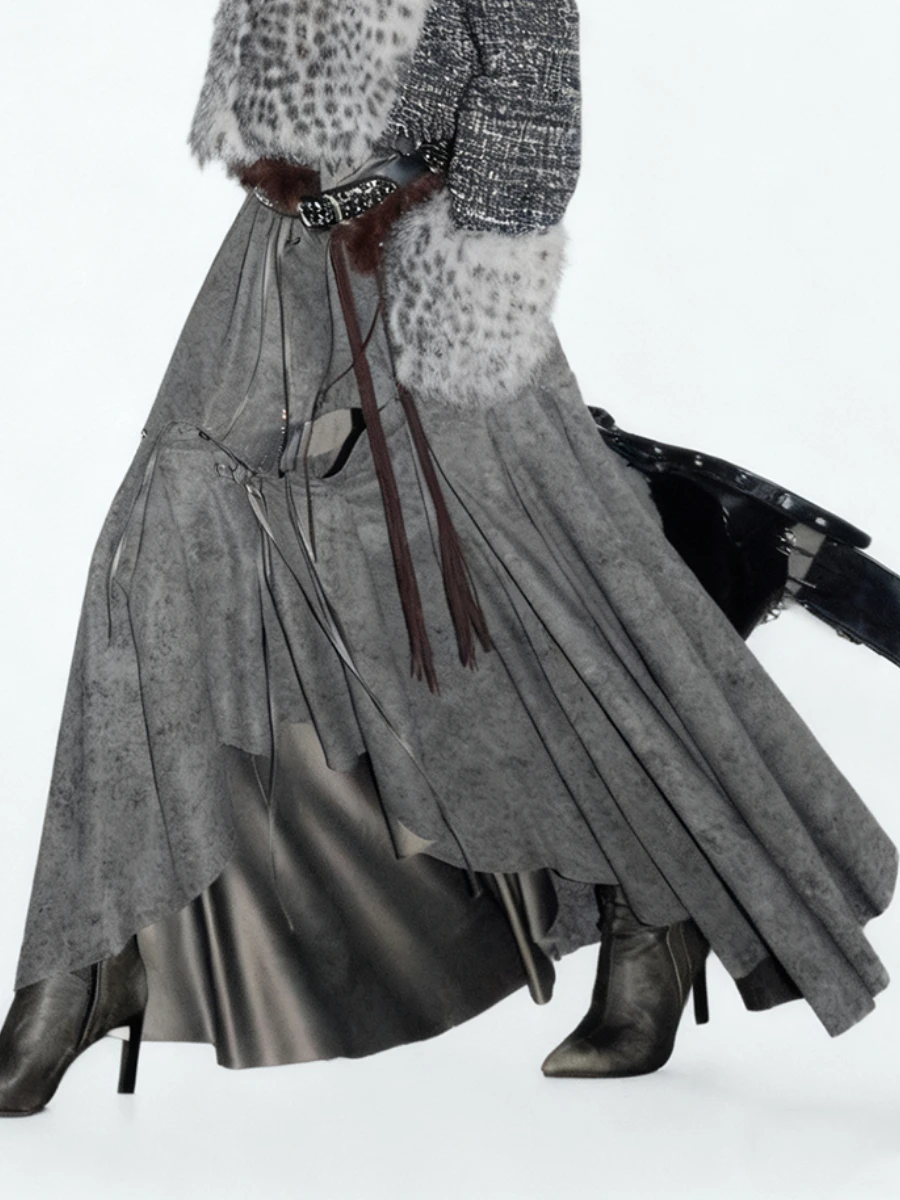 TWOTWINSTYLE Hit Color Loose Spliced Lace Up Irregular Skirts for Women High Waist Patchwork Buttons Fashion Long Skirt Female