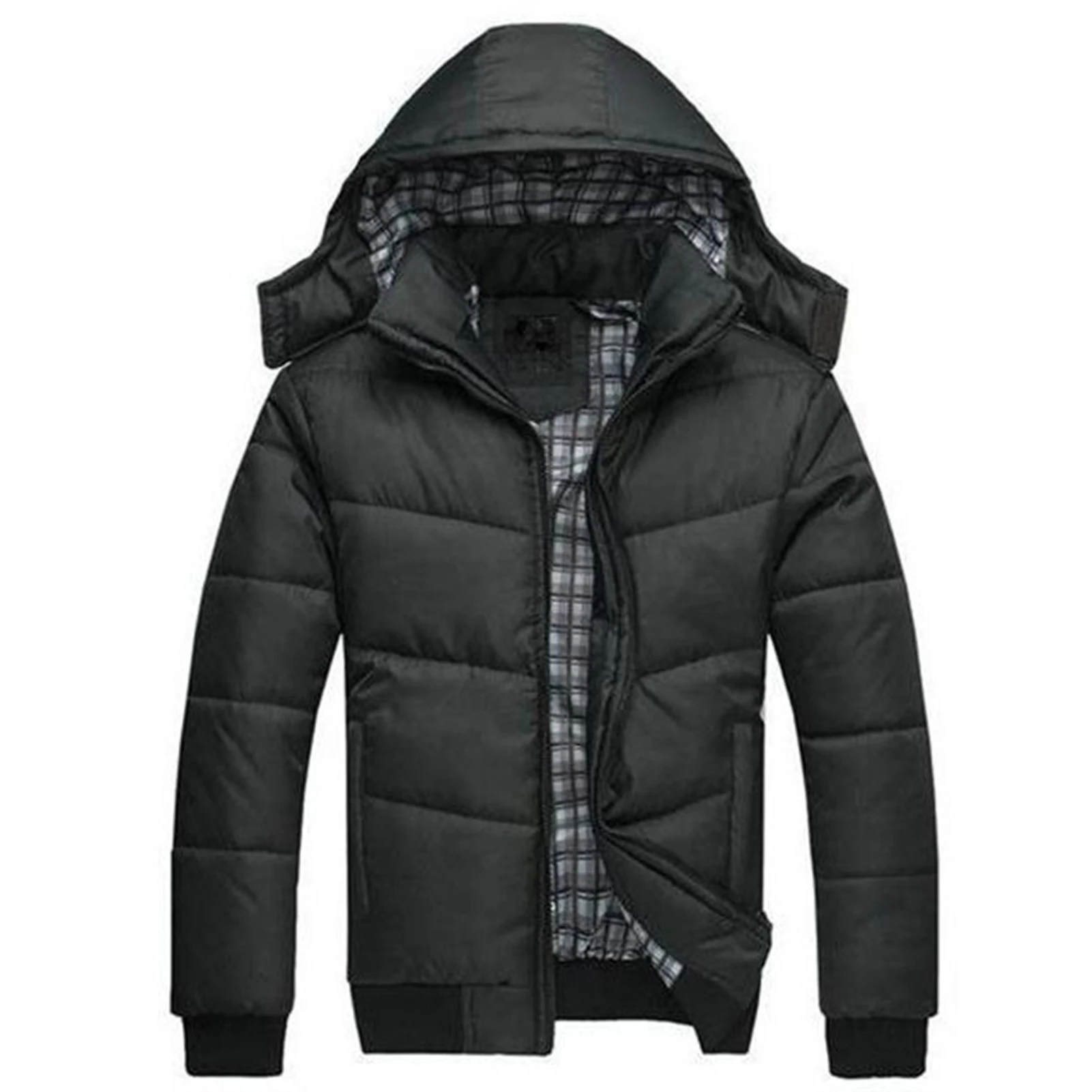 Down Cotton Jacket for Men Solid Color Coat with Removable Hood for Commuting Spare Time Holiday