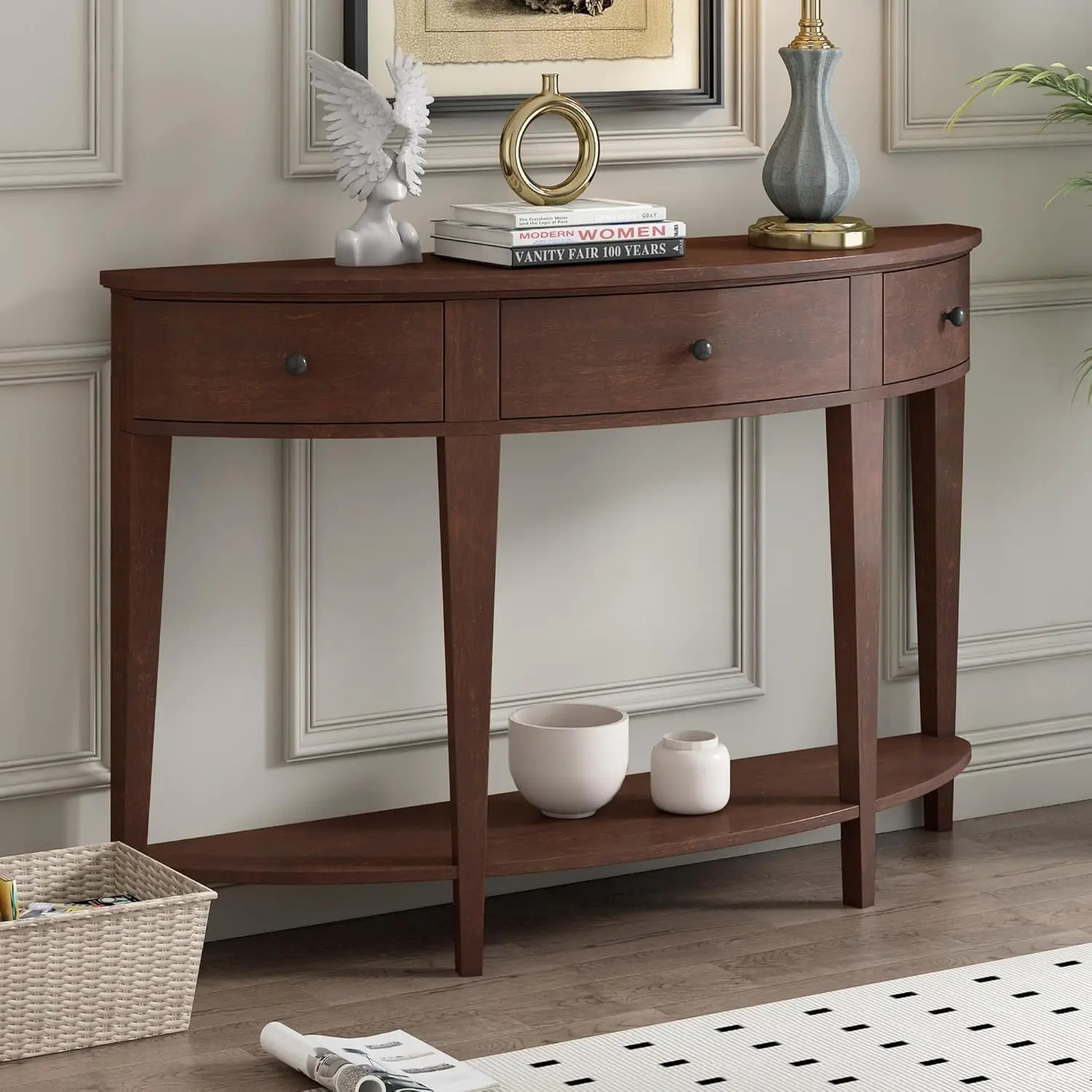 #Curved Console Table Solid Wood Frame 3 Drawers Bottom Shelf Hallway Entryway Living Room 51.1x13.7x33.4