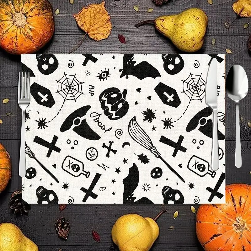 VIKAMA Halloween Spooky Symbol Placemat Linen Witch Hat Pumpkin Spider Web Table Mat Heat Resistant Home Dinner Party Decor
