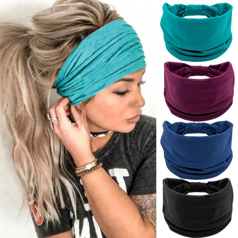 Headwrap Solid Color Knot Wide Headbands for Women Soft Cotton Sports Elastic Hair Bands Accessories Yoga Bandana Bandage