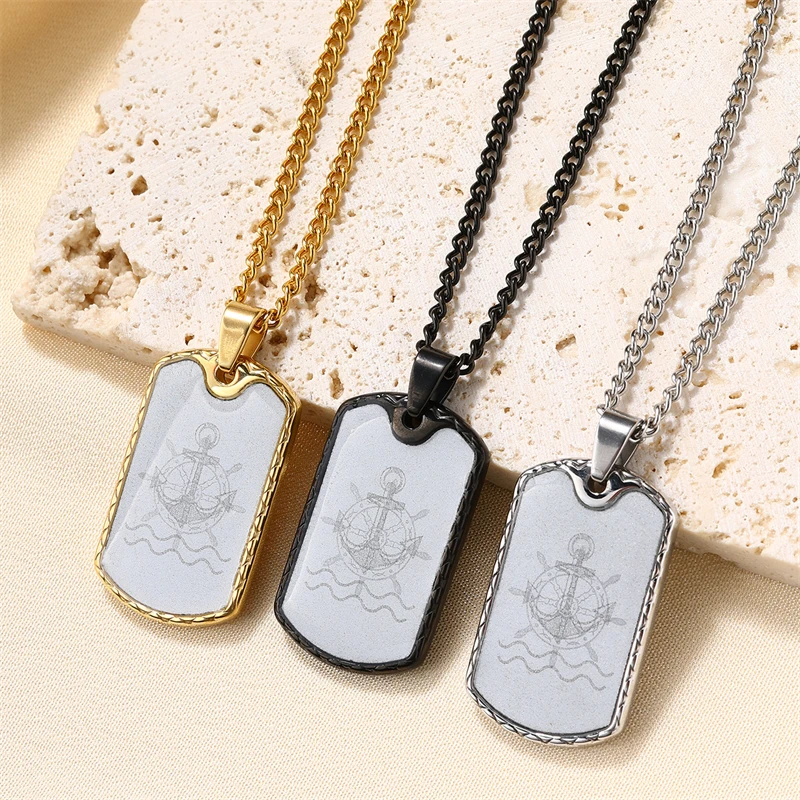 D&Z Hip Hop Stainless Steel Rudder Oil Drop Pendant Necklace For Men Women 3 Colors Square Card Charm Jewelry Gift 2024