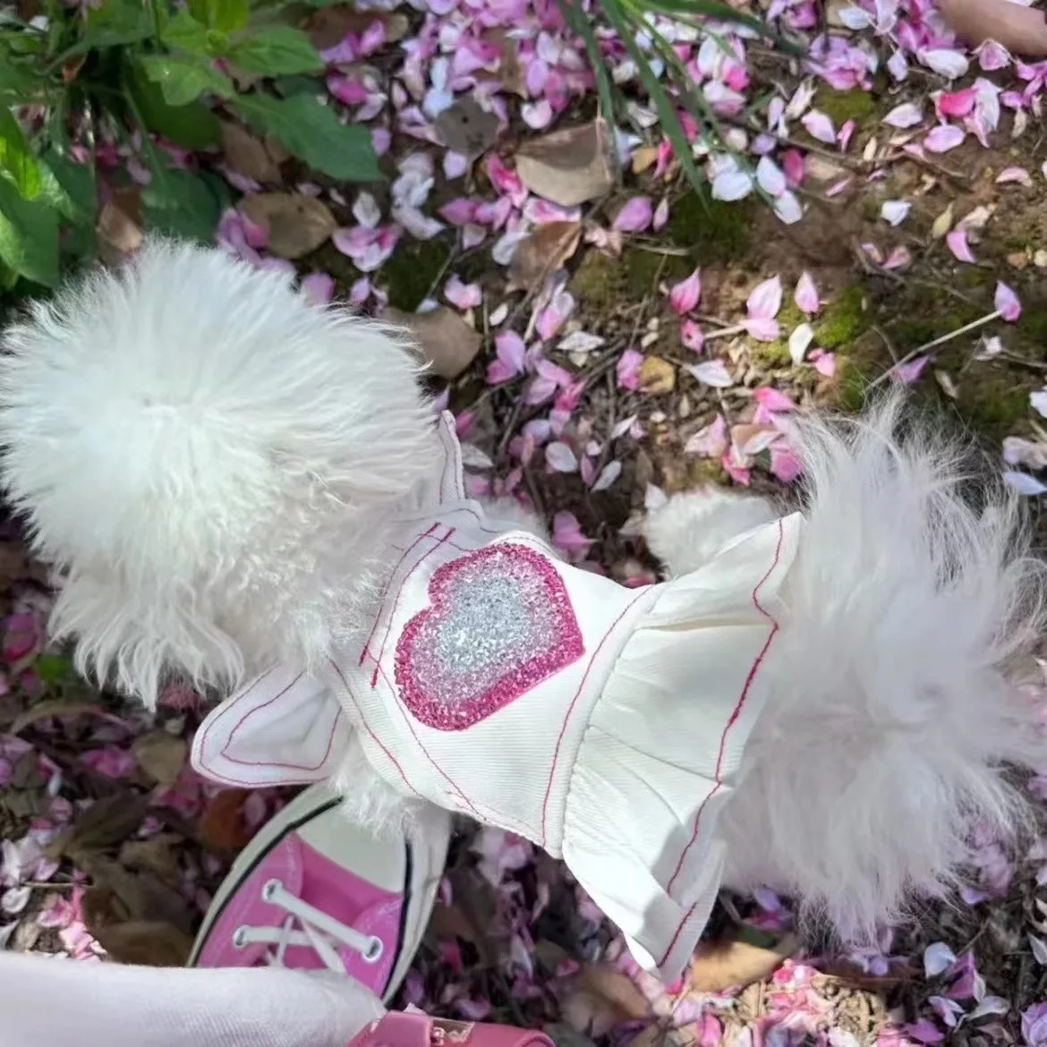Pet Love Sequins Strap Skirt Dog White Denim Spring Autumn Pet Clothing Yorkshire Maltese Small Dog Pet Clothes Puppy Clothes