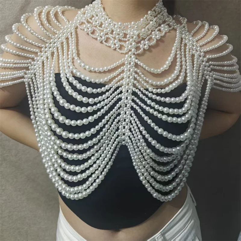 Damen-Top, mehrschichtige Perlen-Körperkette, handgewebter Schal, Harness, Braut- und Abendkleid-Accessoire, Party-Top, Damenbekleidung – Detail 1