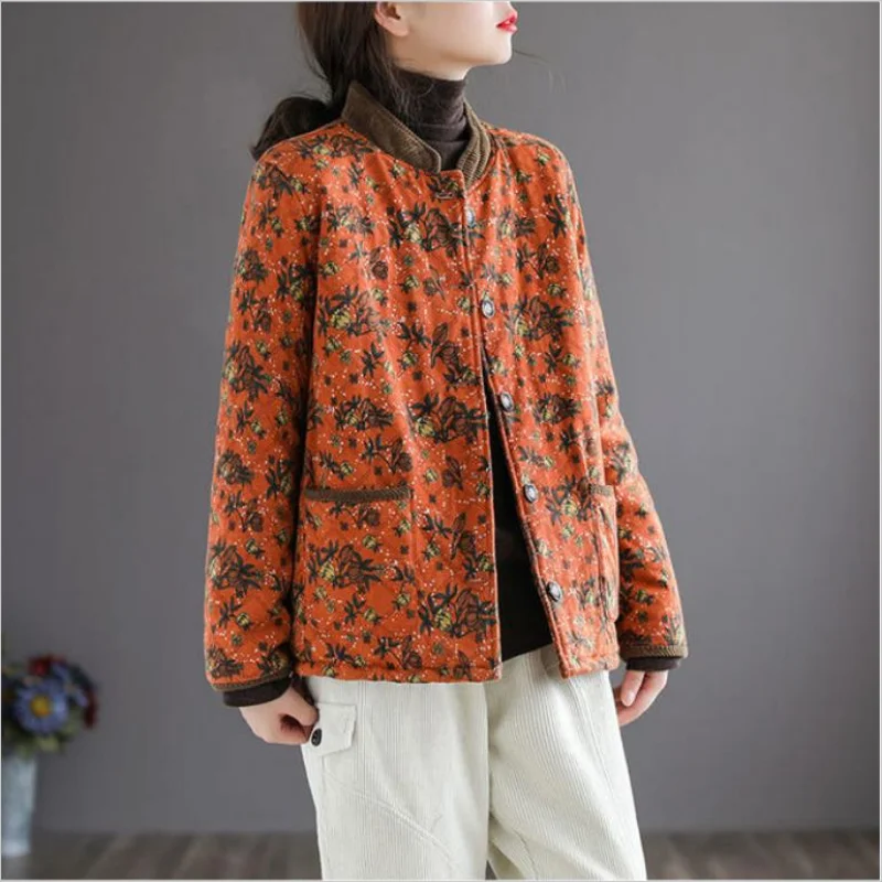 Women Vintage Stand Loose Print Floral Jacket Cotton Linen Long Sleeve Padded Coats 2024 Winter New Chinese Style Coat