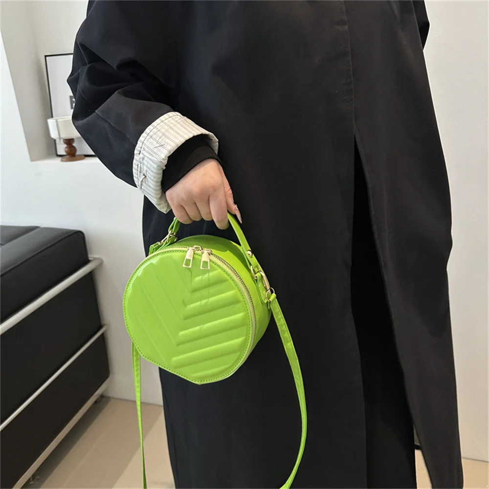 Fashion Round Shoulder Bag For Women Simple Mini Leisure Crossbody Bag Solid Color PU Leather Handbag Double Zipper Design Purse