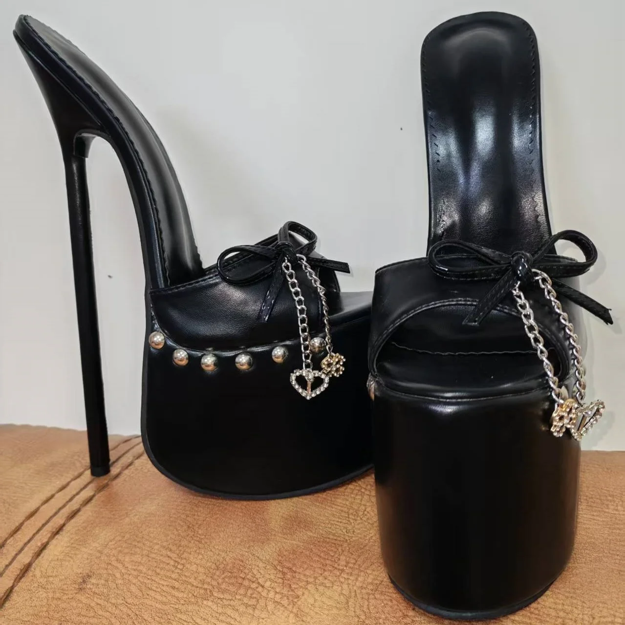 Black Bow Knot Slip On Sandals Peep Toe Thin High Heel Sexy Fashionable Cool Summer Casual Big Size Woman Shoes Zapatillas Mujer