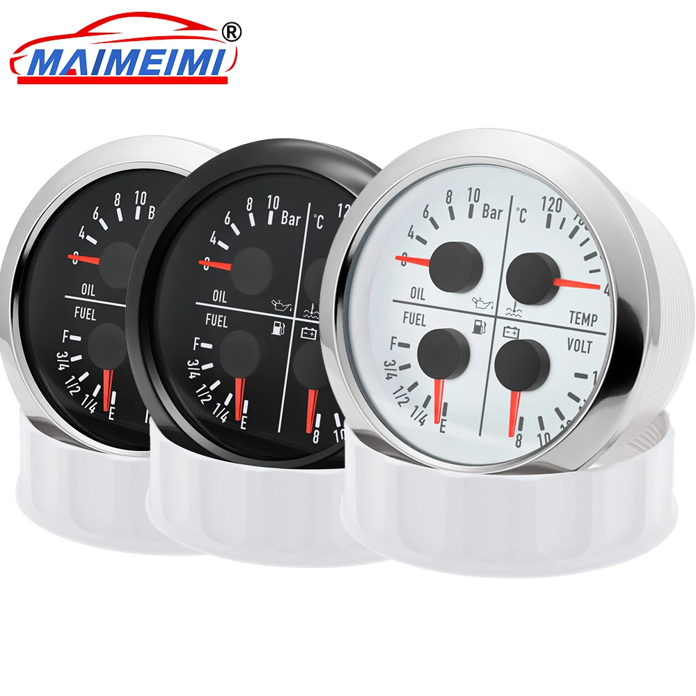4 in 1 Multifunction Gauge 0-10bar Oil Pressure Gauge 40-120 ℃ Water Temperature 8-16V Voltmeter E-F Fuel Gauge for Car Boat