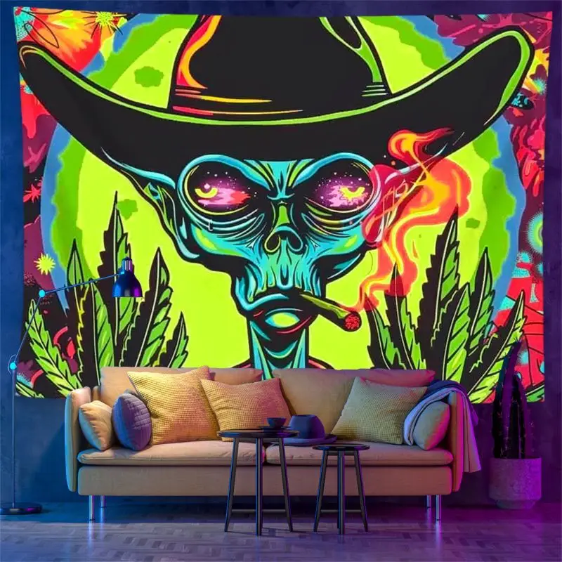 VIKAMA Psychedelic Alien Hemp Leaf Space Tapestry Colorful Cool Wall Art Cosmic Vibe Decor for Bedroom Dorm Party Home Room