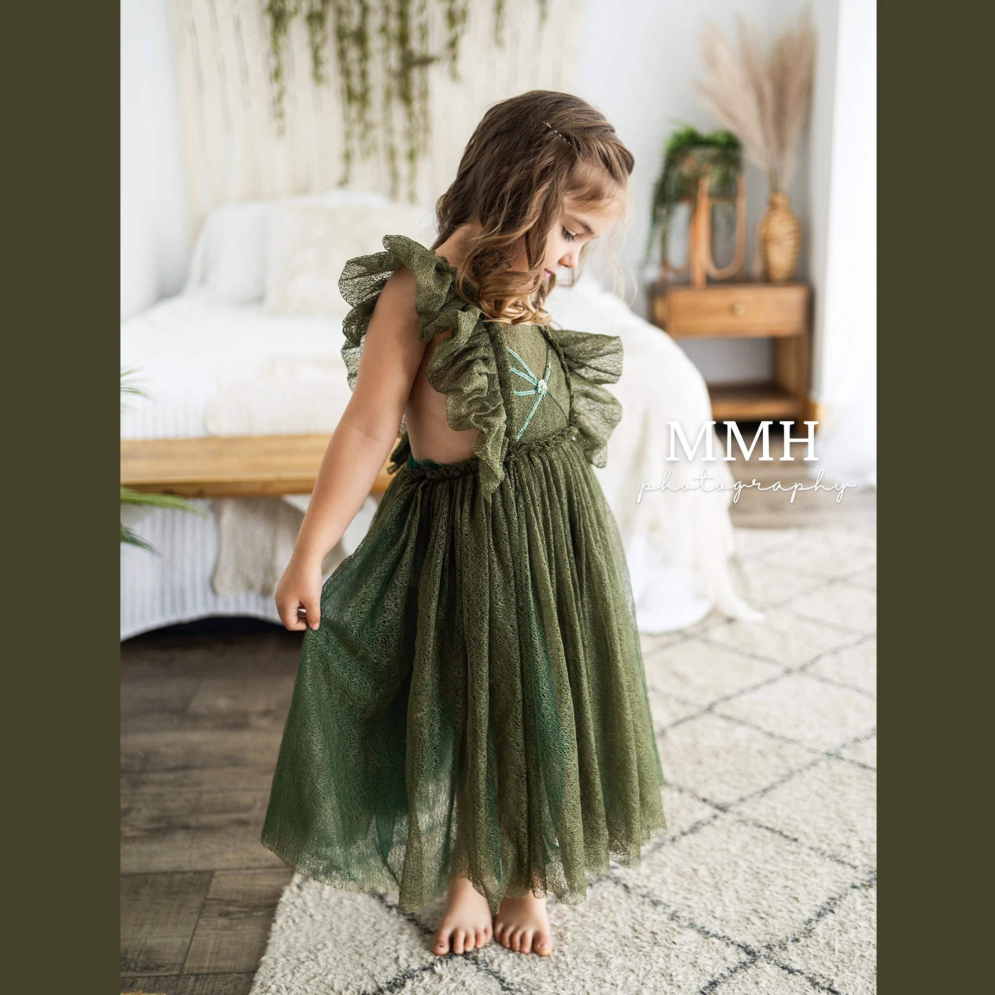 Don&Judy Little Girl Vintage Inspired Maternity Dress Square Neck Ruffled Sleeves Textured Mesh Fabric with A-Line Midi Length
