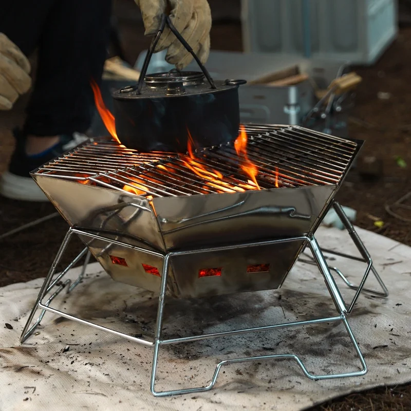 Outdoor portable folding barbecue barbecue camping picnic stainless steel rack fire pit bonfire wood stove 6 sides