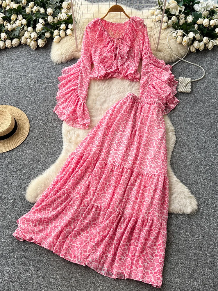 

Summer French Vacation Style Chiffon Set Women's Pink Ruffled Flared Sleeves V-neck Shirt Cake Skirt Two-piece Set L15