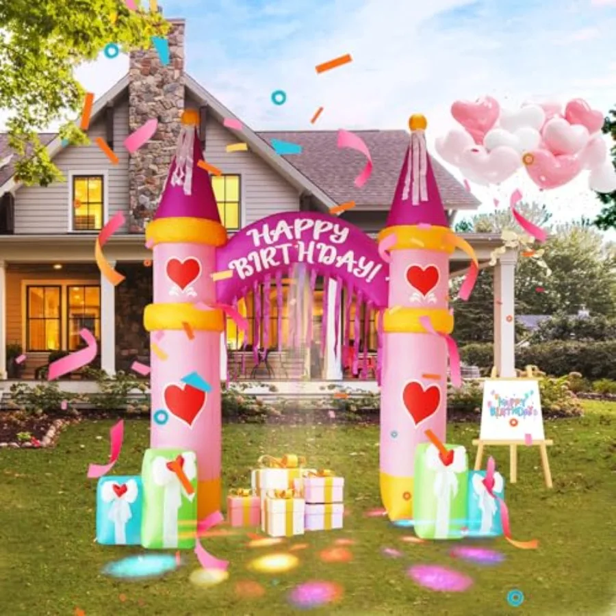 

Outdoor 10FT Castle Birthday Arch Inflatable Decoration with LED Lights, PVC Material, White and Pink, Weather-Resistant for Ga