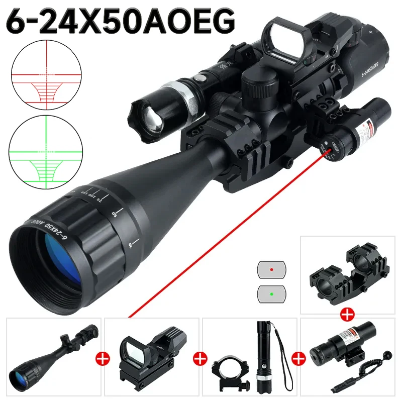 

6-24x50 AOEG Tactical Long-range Riflescope with HD101 Red Green Dot 4 Reticle Sight Red Green Dot Laser Flashlight Combo Scope