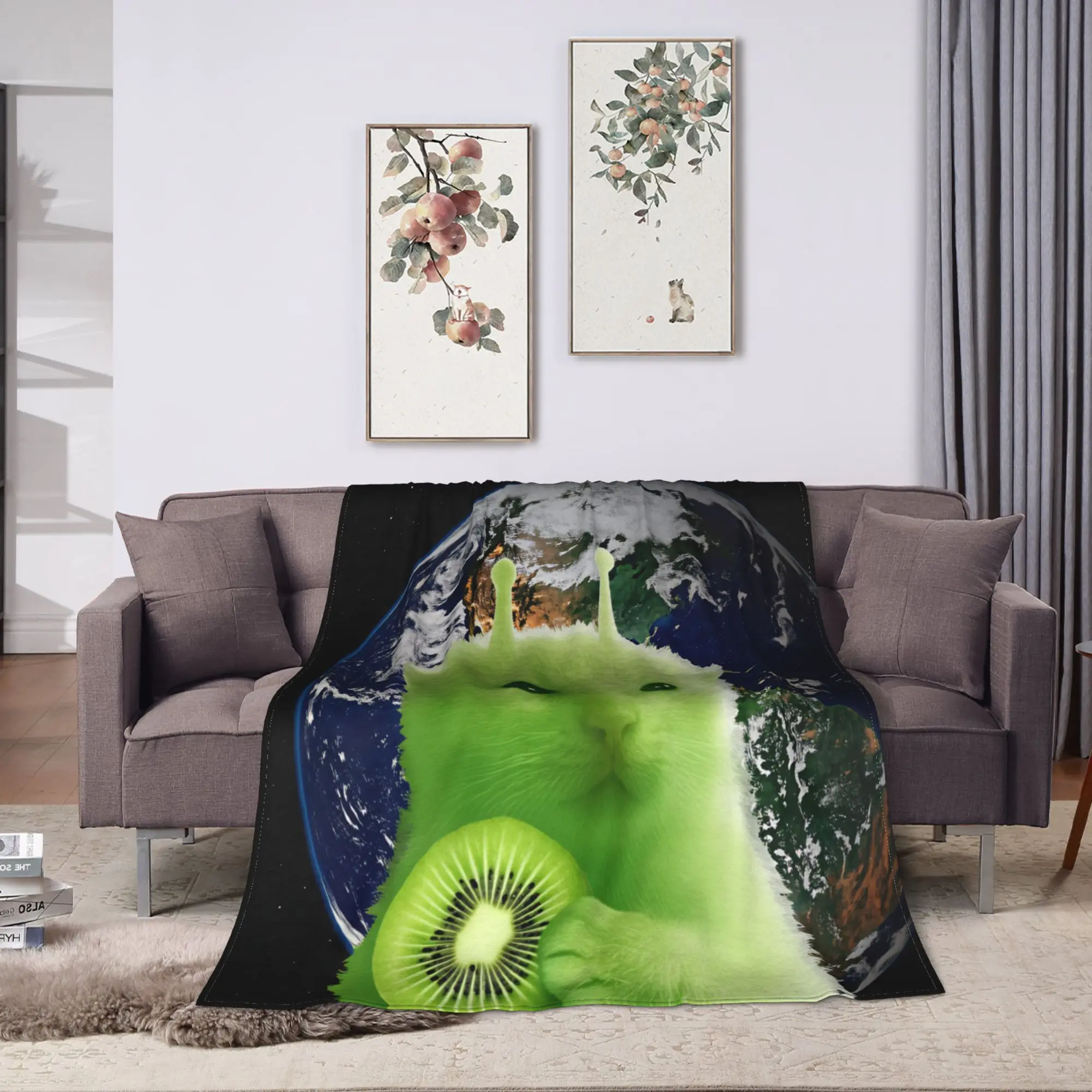 Soft Comfy Blanket Picnic Green Fruit Space Cat Throw Blanket Graphic  Bedspread For Living Room