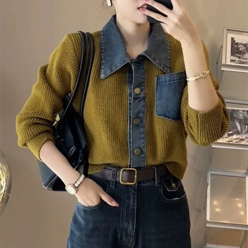 Small Spring Autumn Outerwears Female Jeans Coat Short Black Patchwork Crop Women's Denim Jackets Knitted 2024 New Collection In