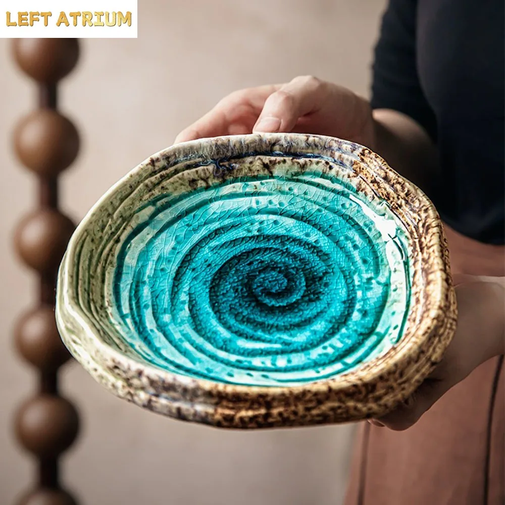 7.3 Inch Ice Crack Shaped Salad Plate Retro Japanese Style Ceramic Hotel Restaurant Homehold Tableware Fruit Vegetable Plates