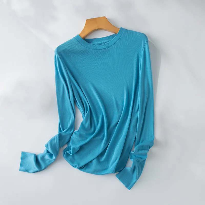 Lyocell Silk T Shirt Women Light Weight Long Sleeve Tees Crew Neck Tops Slim Spring Summer