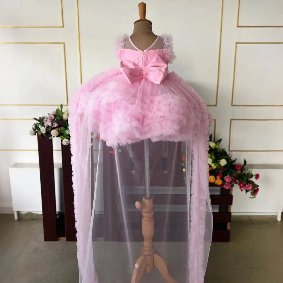 Customized Flower Girl Dress Pink Tulle Tiered Pearls With Bow And Trailing For Wedding Birthday Prom Party Banquet Evening Gown