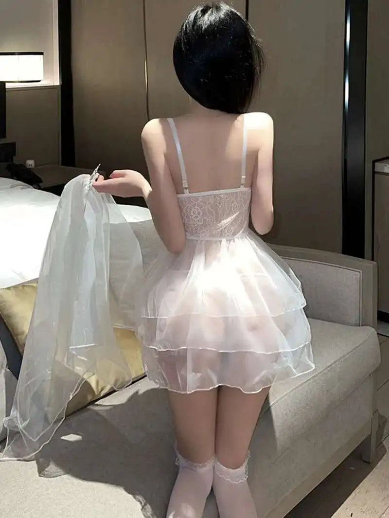 Vrouwelijke sexy bruid gewaad trouwjurk uniform hete jurk elegante mesh kant sexy Koreaanse vrouwen zoete pure transparante 2024 nieuwe 2P41