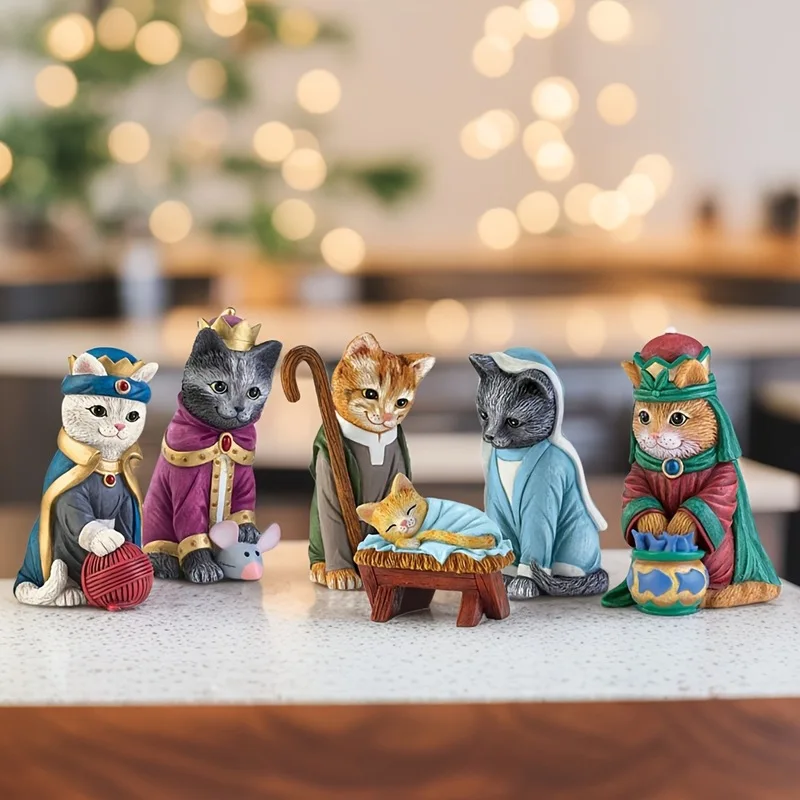 6PCS Resin Cat Nativity Set Christmas Figurines Tabletop Home Decor Gift For Cat Lovers