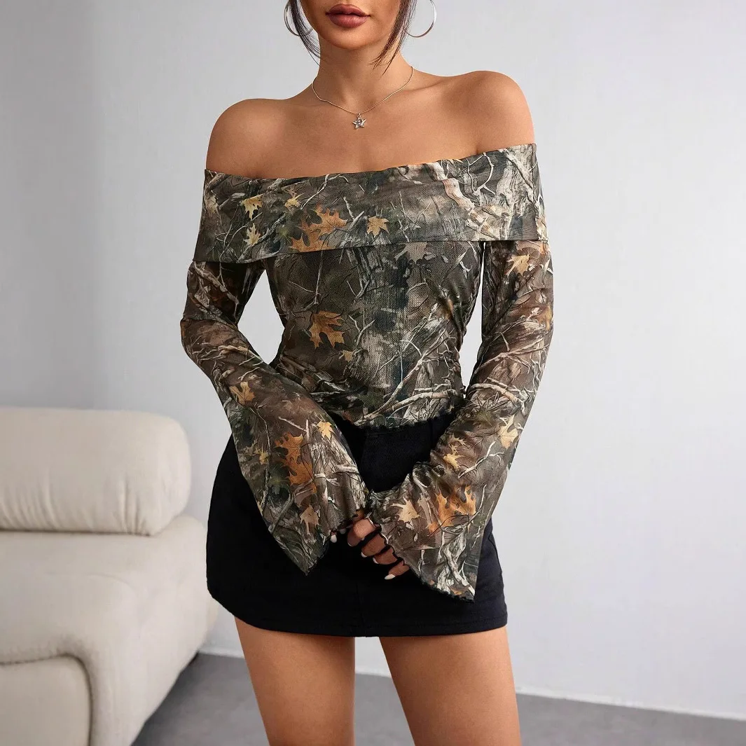 

2026 Women's Spring and Autumn New Fashion Temperament Mesh Printed One-Neck Off-Shoulder Long-Sleeved Slim T-shirt for Women