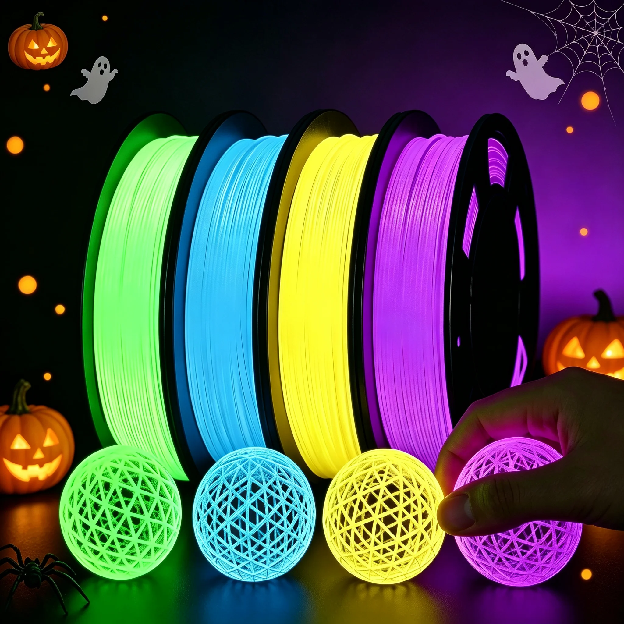 TPU Glow in The Dark 3D Printer Filament, TPU 95A, Blue, Green, Yellow, Purple 250g/250 * 4 Pack,1.75mm 3D Printer for Halloween
