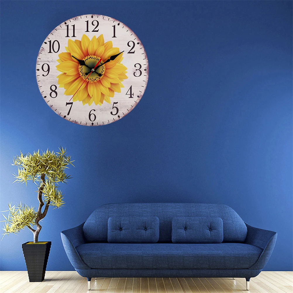 

30cm Wooden Clock Country Style Beautiful Sunflower Wall Clock Household Bedroom Hanging Bar Decor without - BZ1176 4#