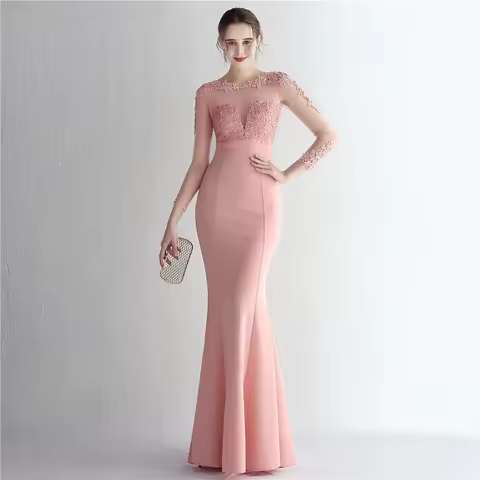 Evening Dress O-Neck Elastic SATIN Dresses Woman Party Night Mermaid Appliques Evening Gowns for Women Customized
