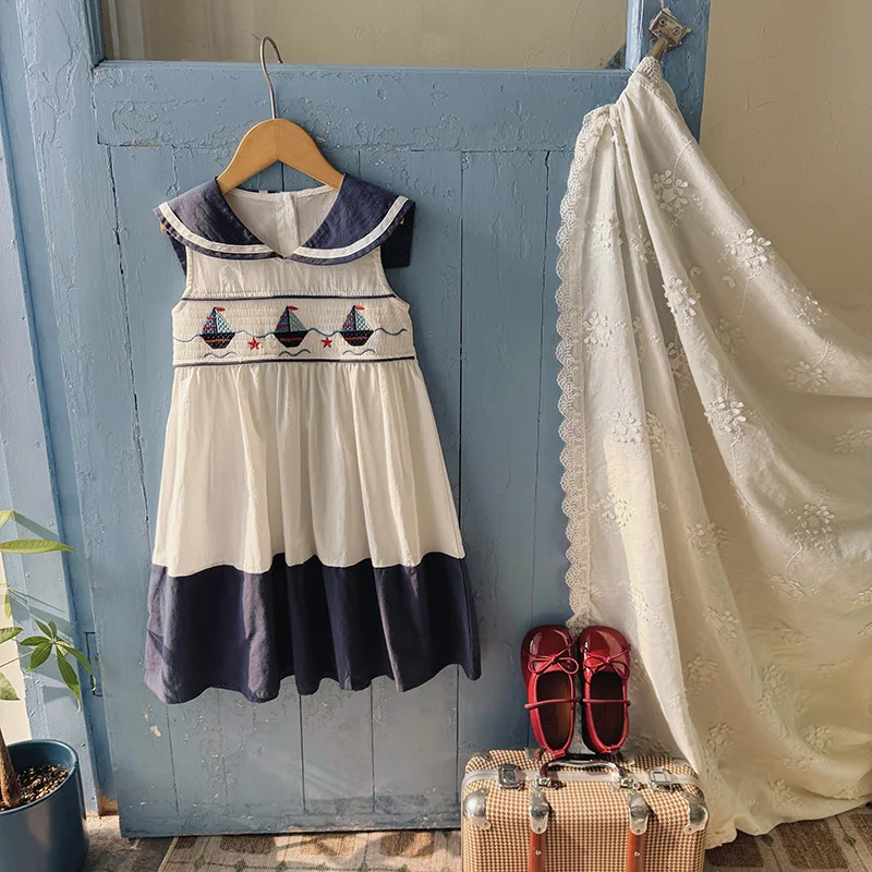 Nautical Sailed Boat Embroidery Girls Dress Summer 2026 Cotton No-Sleeve Turn-down Collar Children's Skirt School Uniform