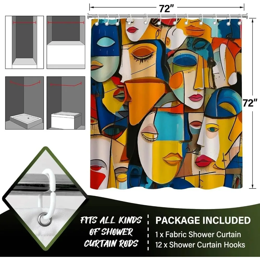 Abstract Face Art Shower Curtain Colorful Geometric Modern Bathroom Decor Funny Artistic Bath Curtain for Home Guest Bathroom