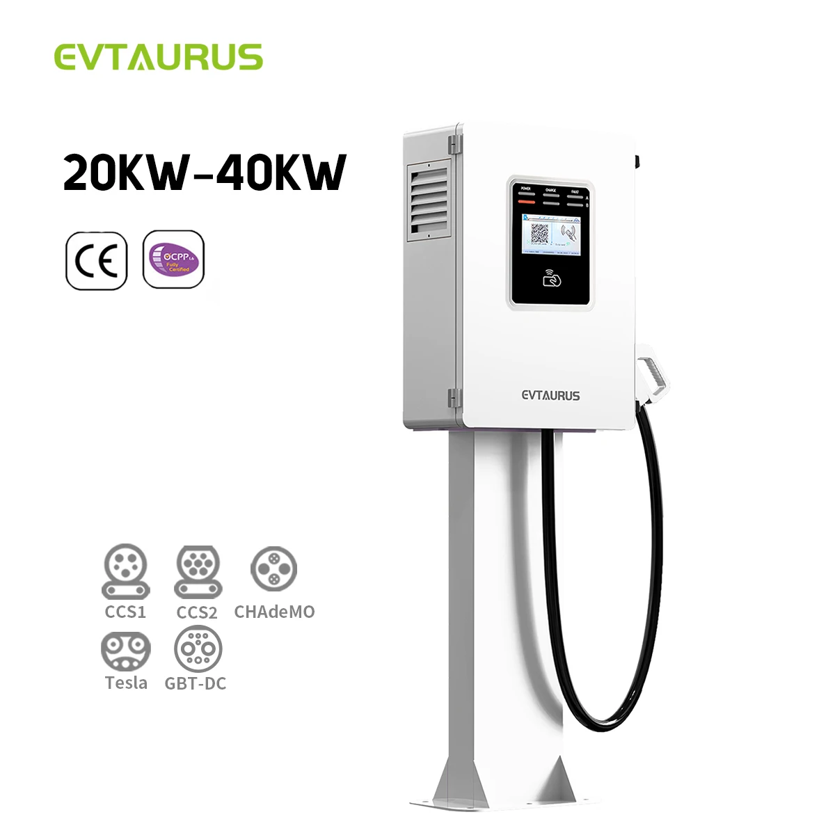 New EVTAURUS DC 3 Phase AC380V20% 20/30/40/60KW 100A CCS2 Chademo GB/T IP54 Smart Wallbox EV Charger OCPP1.6J 5M Cable