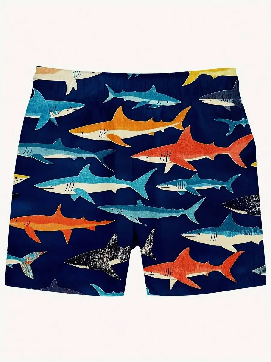 

Shark Print Beach Shorts For Men Casual Summer Swim Trunks