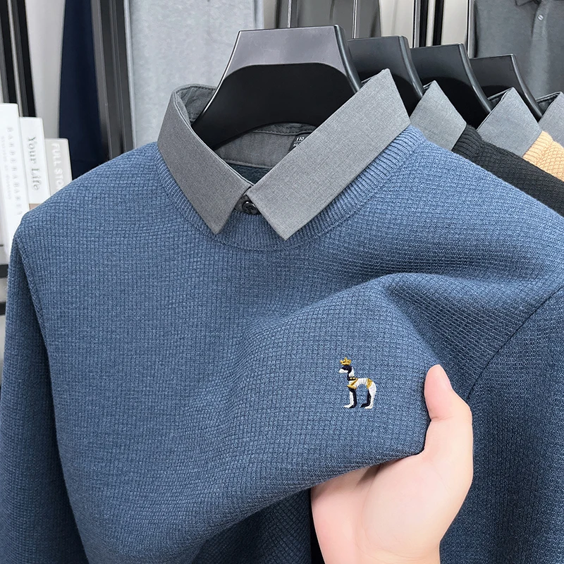 Luxe wollen nep tweedelige trui high-end merk prachtig borduurwerk comfort textuur casual trui trend revers herenkleding