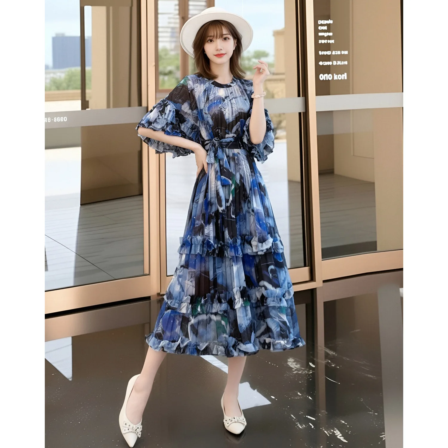 

Miyake Pleated Women's Casual Dress 2006 Summer New Japanese Design Floral Print Fungus Round Neck Short-sleeved Dress for Women