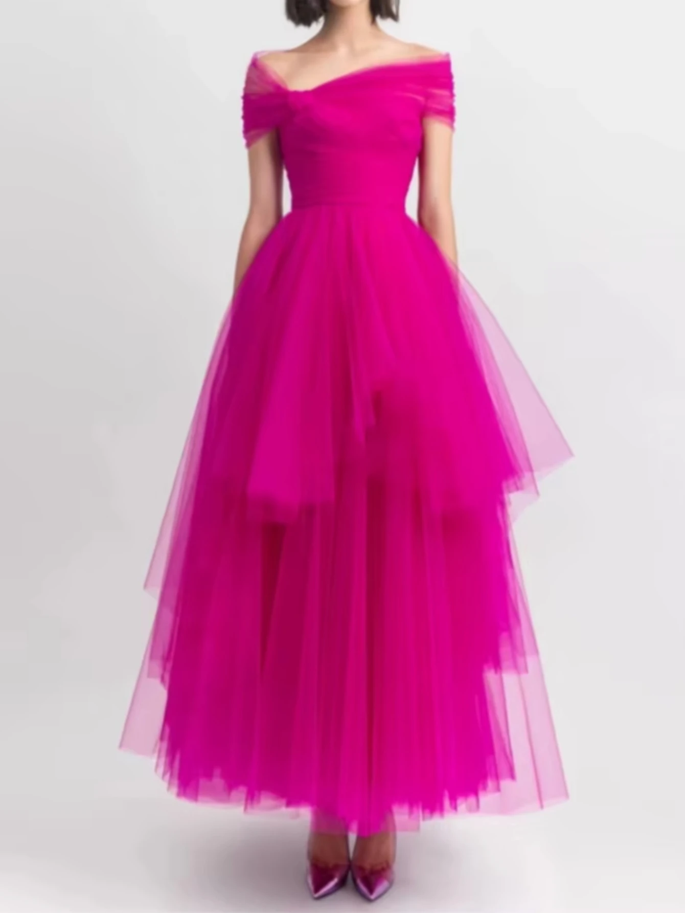Customized Exquisite Fuchsia Off-the-Shoulder Ruched Tulle A-line Midi Evening Dresses 2026 New Elegant Ankle Length Prom Dress