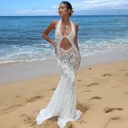 TARUXY Sexy Lace See Through Hollow Out Maxi Dress Womens Elegant Summer White Holiday Beachwear Backless Slim Halter Neck Dress